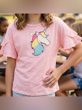 Eyeshadow Pink Ruffle Sleeve Unicorn Tee Size XL Girl
